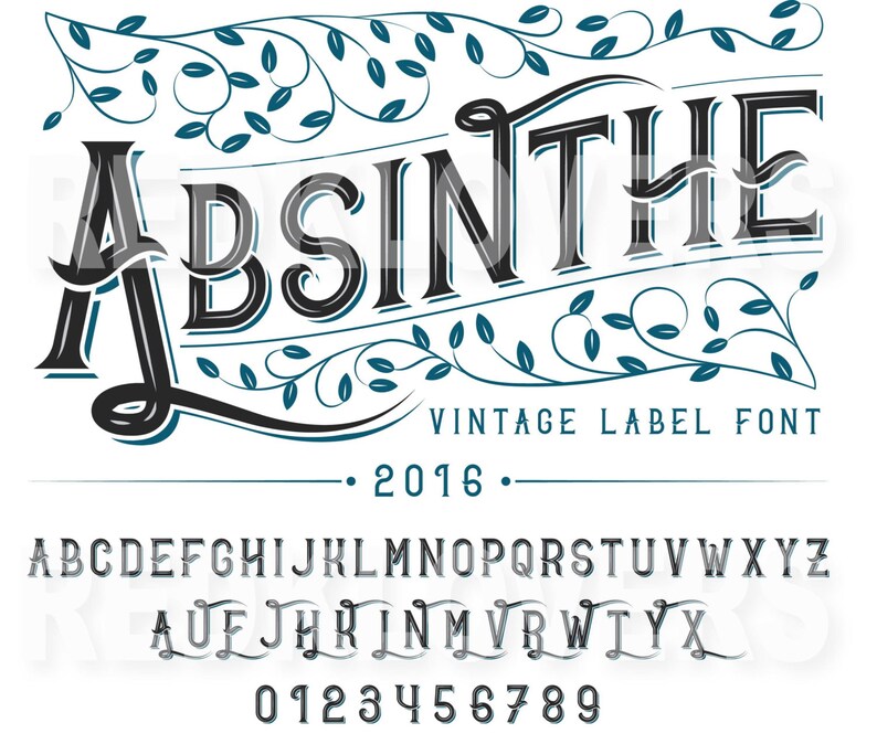 May include: A vintage-style font design with the word "ABSINTHE" in bold, black letters with teal accents. The design includes decorative teal leaves and the text "VINTAGE LABEL FONT" and the year "2016". The full alphabet and numbers are also displayed.