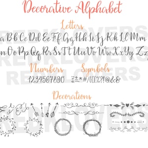 May include: A decorative alphabet with handwritten letters, numbers, and symbols in black on a white background. The letters are in a cursive font. The numbers are in a simple font. The symbols include punctuation marks, mathematical symbols, and a few other symbols. The word "Decorative Alphabet" is written in a cursive font in orange at the top of the image. Below the alphabet, there are several decorative elements, including arrows, wreaths, and lines.