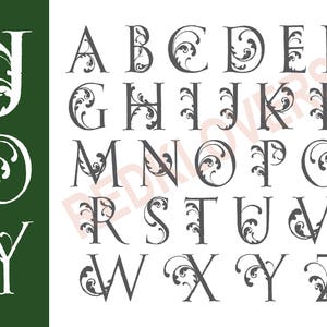 SVG Silhouette DXF holiday font vintage vitcorian retro ornate flourish alphabet for printing, graphic tshirt design files