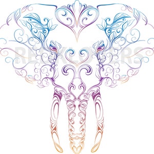 Peut inclure: Illustration détaillée d'une tête d'éléphant stylisée. Le dessin présente des lignes tourbillonnantes et des éléments floraux dans un dégradé de couleurs, notamment le bleu, le violet et l'orange, sur fond blanc. Style ornemental.