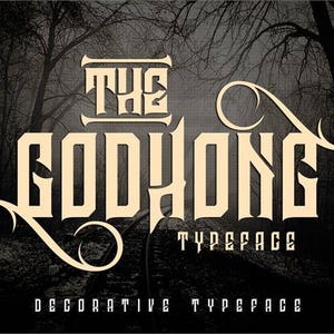 May include: The Godhong Typeface decorative font design with a dark background and a stylized font.