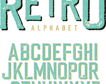 May include: A full retro alphabet in teal with a distressed texture and a dark brown outline. The word "RETRO" is at the top, with "ALPHABET" below it. The letters A to Z are displayed below in a sans-serif font.