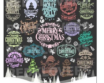 dxf svg merry christmas dee antler vintage retro font swirl script  SVG DXF Silhouette Cricut scrapbook Digital Download file designs