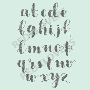 May include: A handwritten alphabet in a cursive font with a textured, patterned design. The letters are in gray on a light blue background.