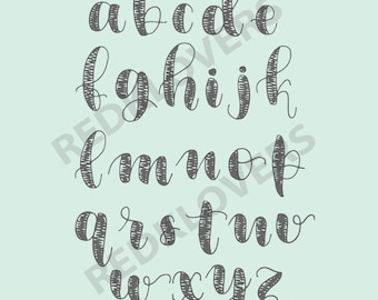 May include: A handwritten alphabet in a cursive font with a textured, patterned design. The letters are in grey on a light blue background.