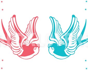 SVG DXF tattoo sparrows swallows stars vintage retro Digital Download files svg , ai, psd, png,  pdf tshirt designs