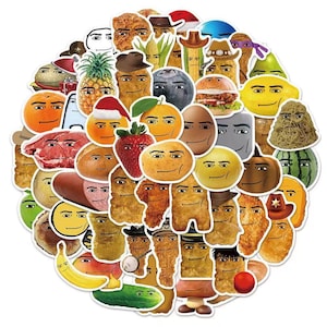 Op de afbeelding: Een verzameling diverse stickers met verschillende etenswaren, waaronder fruit, groenten, vlees en snacks, elk voorzien van een gestileerd, neutraal menselijk gezicht met een subtiele glimlach, gerangschikt in een dichte, ronde cluster.