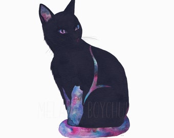 Print of an Original Ink and Watercolour Piece - Cat Art, Black Cat, Space Cat, Ink, Watercolour, Mystical