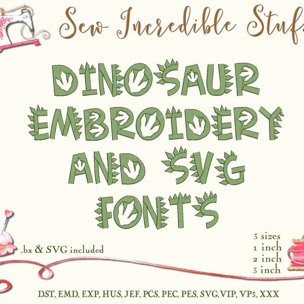 Dinosaur Machine Embroidery and SVG fonts - 3 sizes- BX Font - Pes Font - SVG Font - 11 embroidery formats