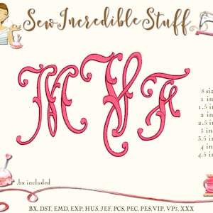 May include: Pink embroidered letters, including the letters T, F, and R, in a decorative script. The image includes the text "Sew Incredible Stuff" and size options from 2.5 to 11.4 cm. The file formats include .bx, DST, EMD, EXP, HUS, JEF, PCS, PEC, PES, VIP, VP3, and XXX.