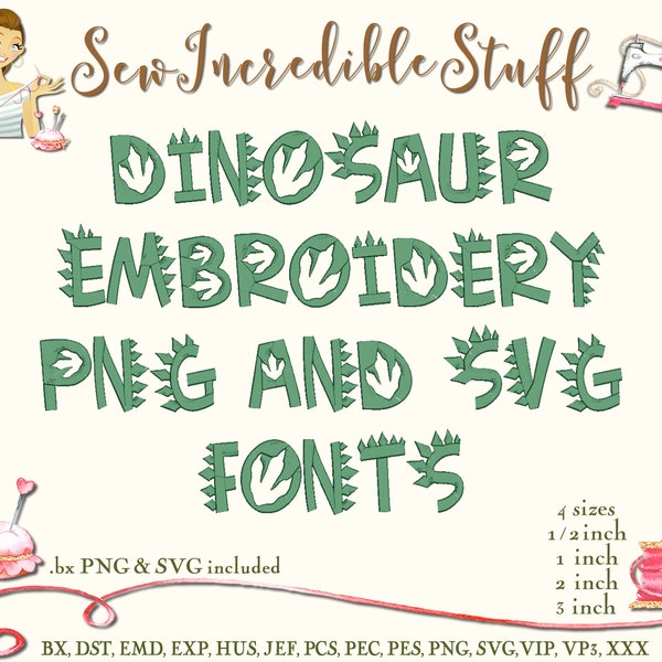 Dinosaur Machine Embroidery, PNG and SVG fonts - 3 sizes- BX Font - 11 embroidery formats