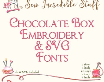 Chocolate Box Decorative Machine Embroidery and SVG Fonts, BX Font, SVG Font, 4 sizes, 11 embroidery formats