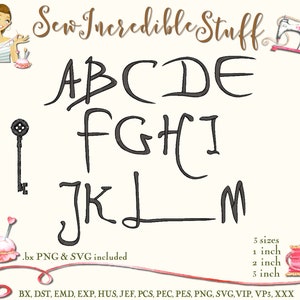 May include: An image featuring the text "Sew Incredible Stuff" above a stylized alphabet from A to M. The letters are in a handwritten font. The image includes a key graphic and text indicating the availability of .bx PNG & SVG files in 1, 2, and 3-inch sizes.