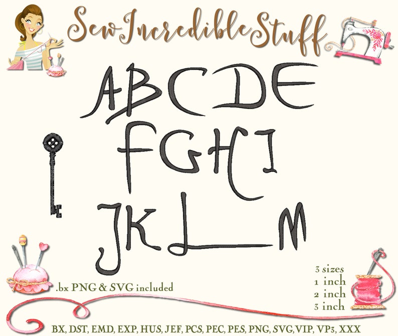 May include: An image featuring the text "Sew Incredible Stuff" above a stylized alphabet from A to M. The letters are in a handwritten font. The image includes a key graphic and text indicating the availability of .bx PNG & SVG files in 1, 2, and 3-inch sizes.