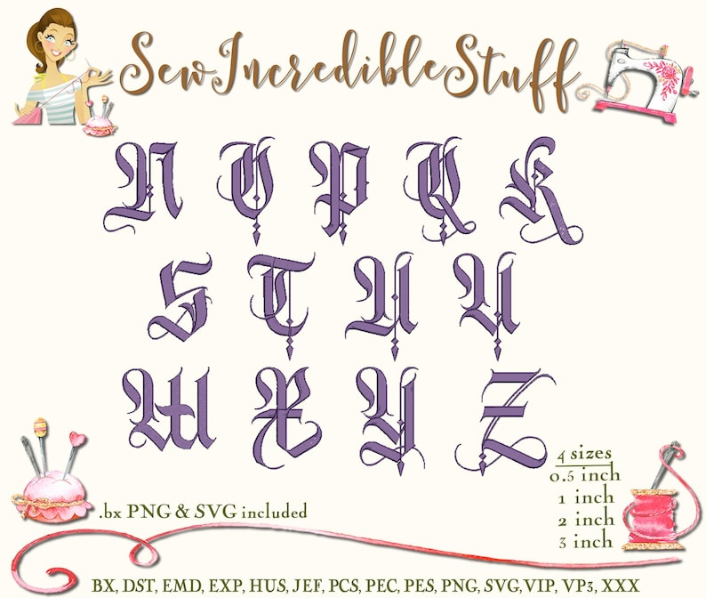 Gothic Olde English Machine Embroidery PNG and SVG Fonts, BX Font, 4 ...