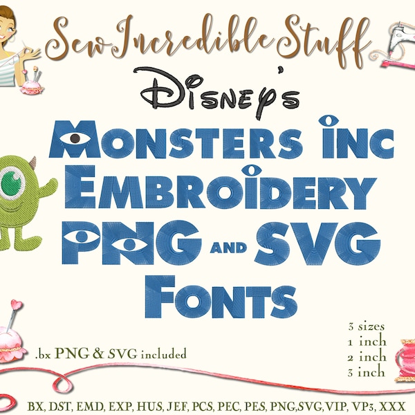 Monsters Inc Machine Embroidery PNG and SVG Fonts. 3 sizes  BX Font