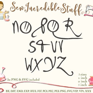 May include: An image featuring the text "Sew Incredible Stuff" in a cursive font, along with the alphabet from N to Z. The image includes the text ".bx PNG & SVG included" and "3 sizes 1 inch, 2 inch, 3 inch". The image also includes sewing-themed illustrations.