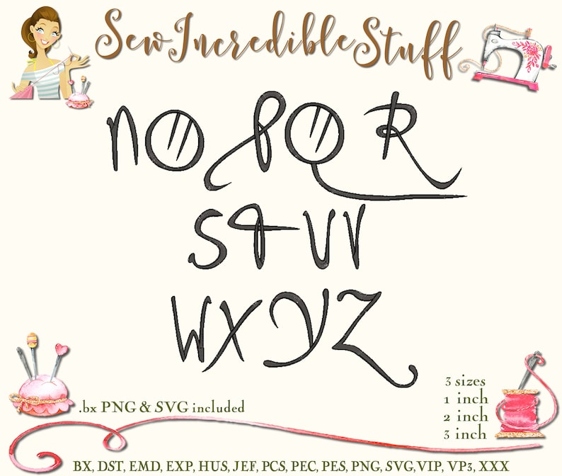 May include: An image featuring the text "Sew Incredible Stuff" in a cursive font, along with the alphabet from N to Z. The image includes the text ".bx PNG & SVG included" and "3 sizes 1 inch, 2 inch, 3 inch". The image also includes sewing-themed illustrations.