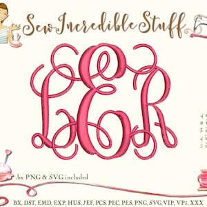 Three Initial Interlocking Vine Machine Embroidery PNG and SVG Monogram Font, BX Font, 4 sizes