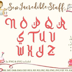 May include: A digital embroidery alphabet in a coral color, with the letters N through Z displayed. The image includes the text "Sew Incredible Stuff" and size options from 1/2 inch to 3 inches. .bx PNG & SVG included.