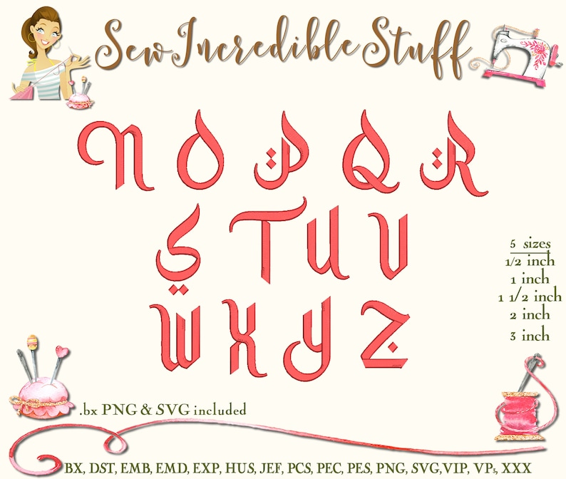 May include: A digital embroidery alphabet in a coral color, with the letters N through Z displayed. The image includes the text "Sew Incredible Stuff" and size options from 1/2 inch to 3 inches. .bx PNG & SVG included.