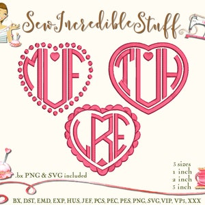 Three Initial Heart Machine Embroidery PNG and SVG Monogram Font, BX Font, 3 sizes