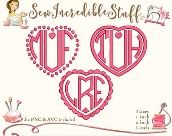 Three Initial Heart Machine Embroidery PNG and SVG Monogram Font, BX Font, 3 sizes