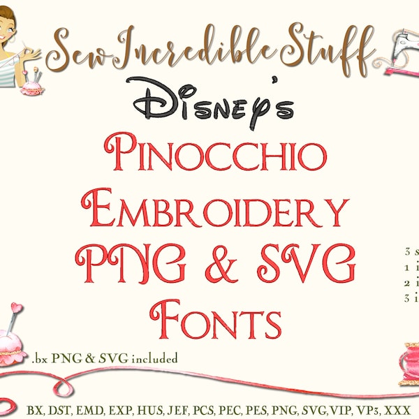 Pinocchio Machine Embroidery and PNG, SVG Fonts. 3 sizes  BX Font