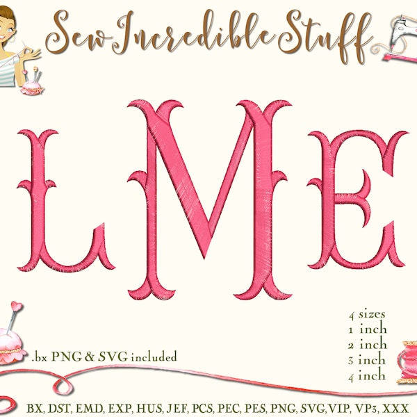 Three Initial Mermaid or Bamboo Style Machine Embroidery PNG and SVG Monogram Font, BX Font, 4 sizes, 11 embroidery formats