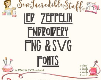 Può includere: Immagine che promuove i font per ricamo, con il testo "LED ZEPPELIN EMBROIDERY PNG & SVG FONTS". Il design include illustrazioni di strumenti di cucito e il testo "3 dimensioni 2.5 cm, 5 cm, 7.6 cm."