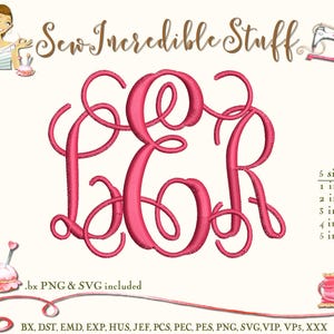 May include: A hot pink embroidered monogram featuring the letters L, E, and R in a cursive script font. The image includes the text Sew Incredible Stuff, 5 sizes 1 inch 2 inch 3 inch 4 inch 5 inch, and file formats BX, PNG, SVG, DST, EMD, EXP, HUS, JEF, PCS, PEC, PES, VIP, VP3, XXX.