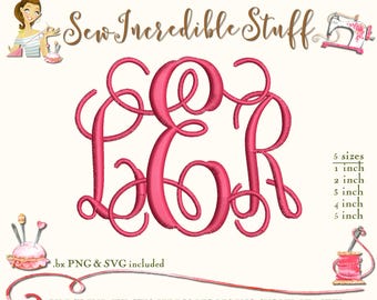 Three Initial Interlocking Vine Machine Embroidery PNG and SVG Monogram Font, BX Font, 5 sizes