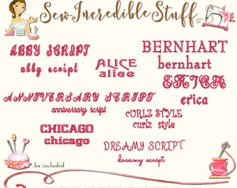 May include: A digital design image featuring various embroidery fonts in pink, including "Abby Script," "Alice," and "Bernhart." The image includes illustrations of sewing tools and the text "Sew Incredible Stuff."