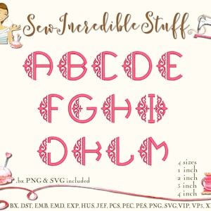May include: Pink embroidered monogram letters A through M, with decorative flourishes. The image includes the text "Sew Incredible Stuff" and sizes from 1 to 4 inches. File formats include .bx, PNG, and SVG.