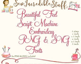 Beautiful Feel Script Machine Embroidery, PNG and SVG Fonts - 5 sizes - BX Font - 11 embroidery formats