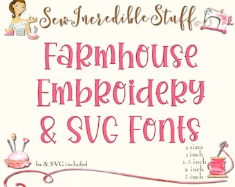 Farmhouse Machine Embroidery and SVG Fonts - BX Font - SVG Font - 4 sizes - 11 embroidery formats