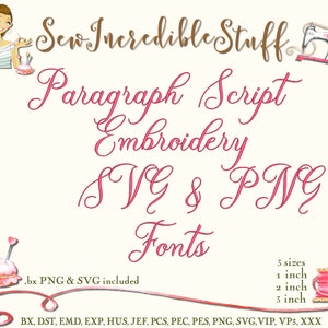 Op de afbeelding: Illustratie met de tekst "Sew Incredible Stuff" en "Paragraph Script Embroidery SVG & PNG Fonts." Bevat afbeeldingen van een naaimachine, een vrouw en garenklosjes. De lettertypen zijn verkrijgbaar in de maten 2,5, 5,1 en 7,6 cm.