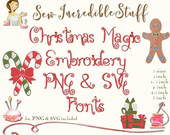 May include: Digital embroidery design set featuring the text Sew Incredible Stuff Christmas Magic Embroidery PNG & SVG Fonts. Includes a gingerbread man, candy canes with a red bow, gift boxes, and sewing notions. Lists 5 sizes from 1 inch to 3 inches and file formats including BX, DST, EMD, EXP, HUS, JEF, PCS, PEC, PES, PNG, SVG, VIP, VP3, and XXX.