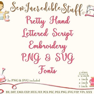 Puede incluir: Gráfico de diseño digital con el texto "Sew Incredible Stuff" en escritura marrón. La imagen presenta texto rosa que dice "Pretty Hand Lettered Script Embroidery PNG & SVG Fonts." Incluye tamaños de 1,27 cm, 2,54 cm, 5,08 cm y 7,62 cm.