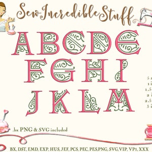 May include: A digital embroidery alphabet set featuring ornate, pink letters with green filigree details. The image includes the text "Sew Incredible Stuff" and size options from 1 to 3 inches. Formats include .bx PNG & SVG.