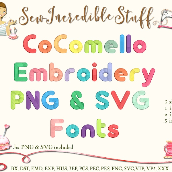 CoComello Machine Embroidery, PNG and SVG Font., 3 sizes - 2 Fonts, plain and highlighted  - 11 embroidery formats