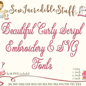 Beautiful Curly Script Machine Embroidery and SVG Fonts - 3 sizes - BX Font - PES Font - 11 formats