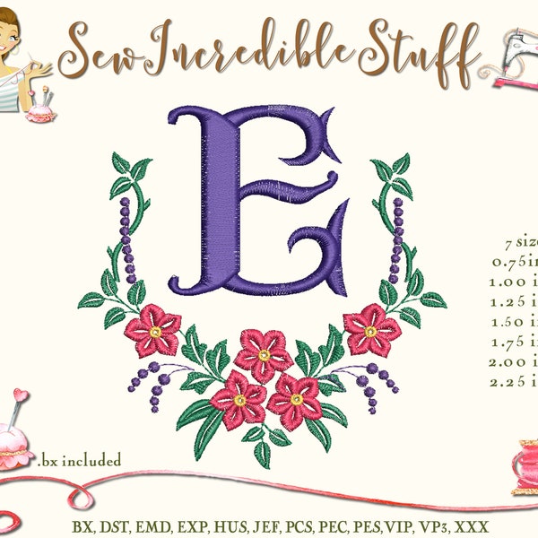 Victorian Style Single Initial Embroidery Monogram with floral swag monogram frame, 11 embroidery formats including BX Font, 7 sizes