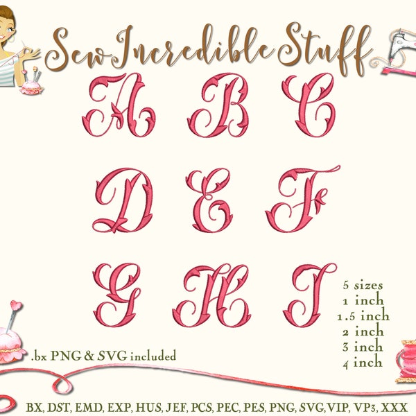 Thornwright Decorative Embroidery Monogram PNG and SVG Fonts, 5 embroidery sizes, BX Font