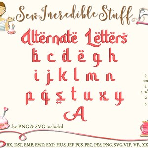 May include: A digital embroidery font set called "Alternate Letters" in a coral color. The image shows the alphabet in a stylized font, with sizes ranging from 1/2 inch to 3 inches. Includes .bx, PNG, and SVG files.