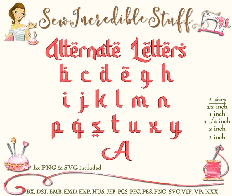May include: A digital embroidery font set called "Alternate Letters" in a coral color. The image shows the alphabet in a stylized font, with sizes ranging from 1/2 inch to 3 inches. Includes .bx, PNG, and SVG files.