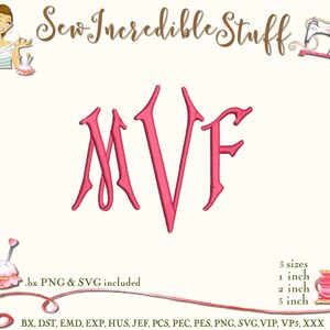 Peut inclure: Un monogramme brodé rose avec les lettres MVF dans une police décorative. L'image comprend le texte "Sew Incredible Stuff" et mentionne trois tailles: 2.5 cm, 5 cm et 7.6 cm.