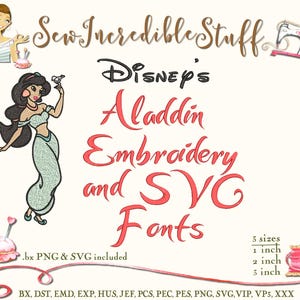 May include: A digital design file set featuring a cartoon illustration of Princess Jasmine, the text Disney's Aladdin Embroidery and SVG Fonts, a sewing machine, a pincushion, and a spool of thread, with size options of 1, 2, and 3 inches.