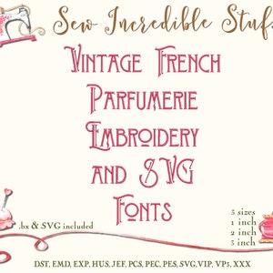 French Parfumerie, Shabby Chic Machine Embroidery and SVG Font 3 sizes BX Font SVG Font image 1