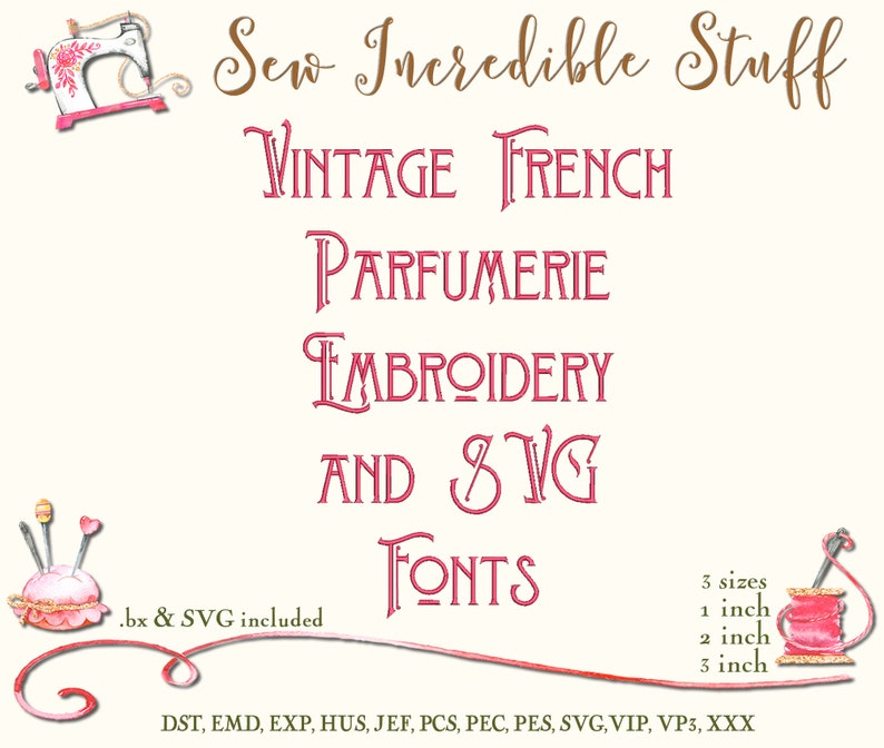 French Parfumerie, Shabby Chic Machine Embroidery and SVG Font 3 sizes BX Font SVG Font image 1